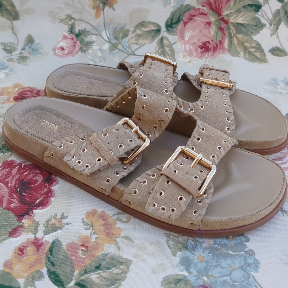 Zara Tan Suede Double Strap Slide Sandals with Gromets Women's size US 11 Euro 4 - Picture 14 of 17